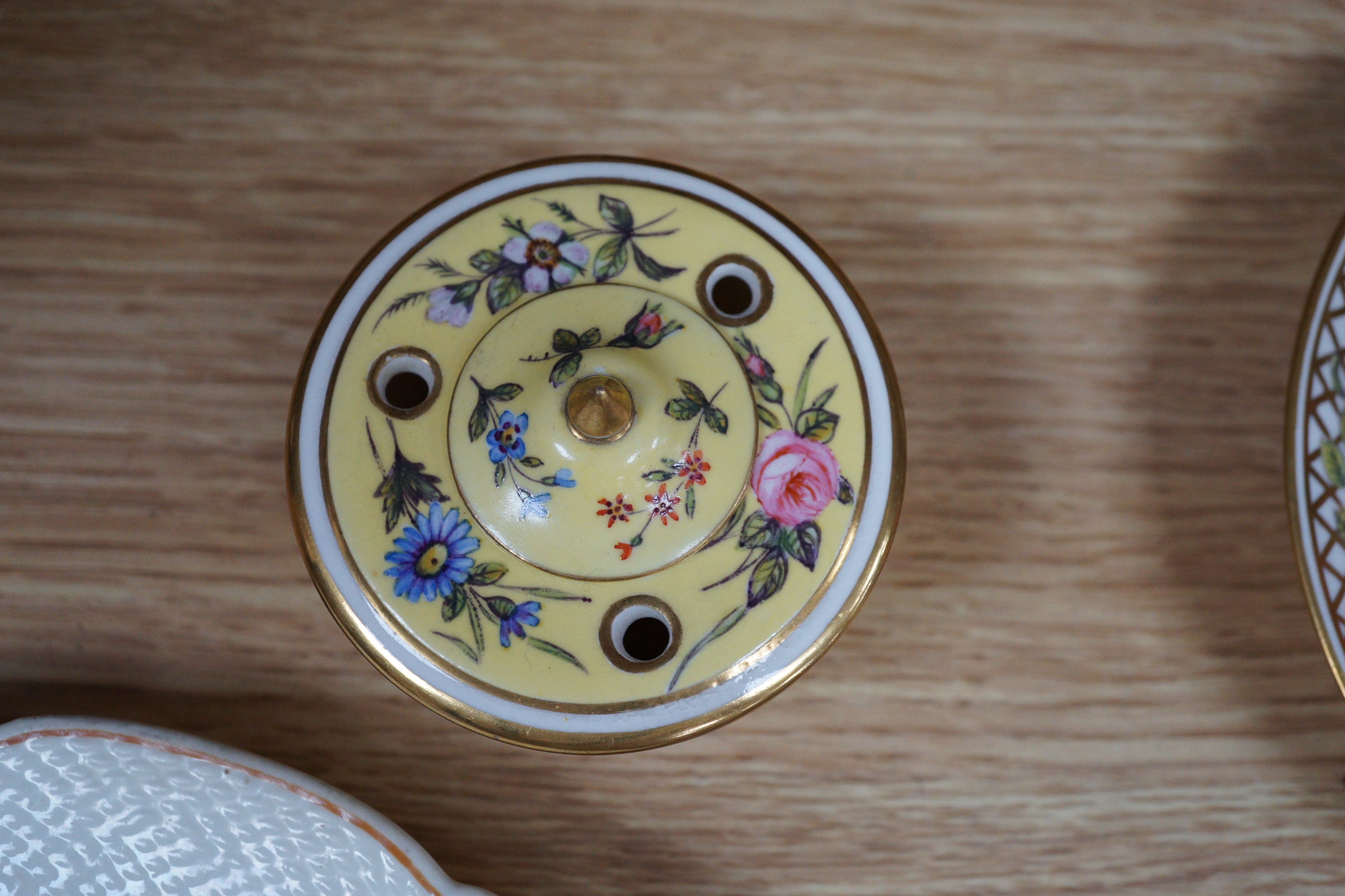 A Sampson Hancock Derby inkwell and cover, a similar coffee can, saucer and slop bowl, chantilly plate with basket-work border and four other items